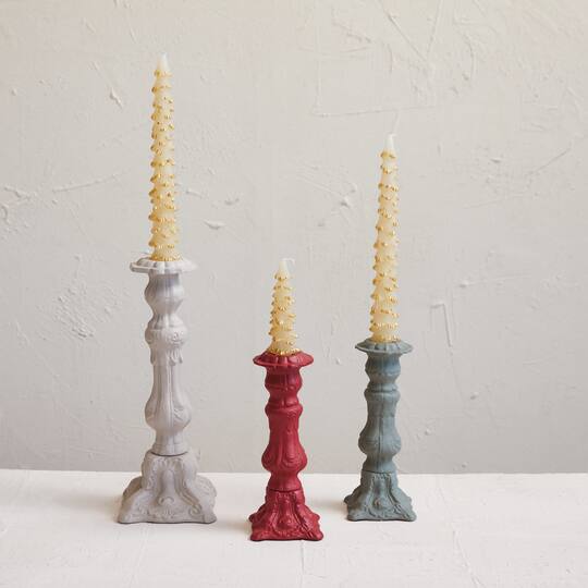 Hello Honey® 12" Gray Embossed Cast Aluminum Taper Candleholder